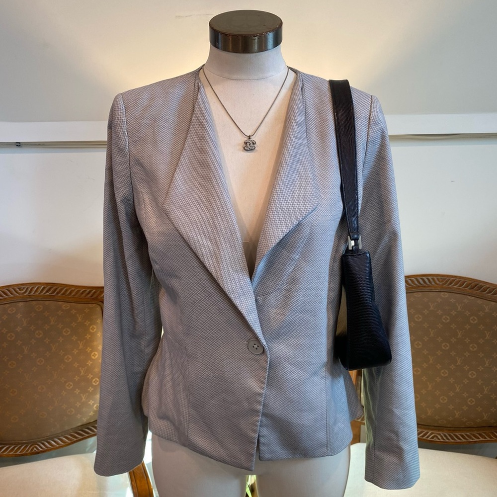 WHBM Chic Gray Herringbone Women's Blazer Jacket, Size M, Structured Minimalist